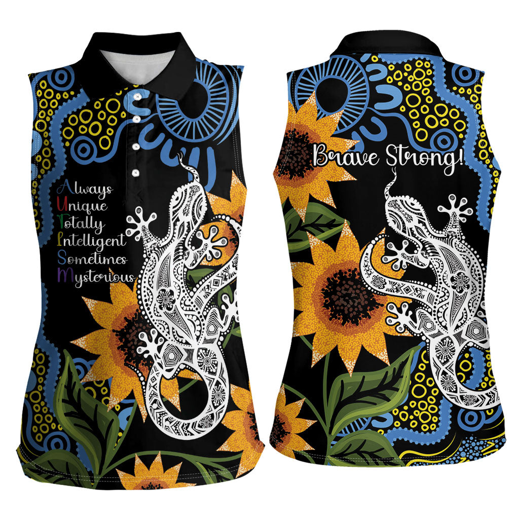 Australia Autism Support Women Sleeveless Polo Shirt Brave Strong Aussie Lizard Aboriginal Art