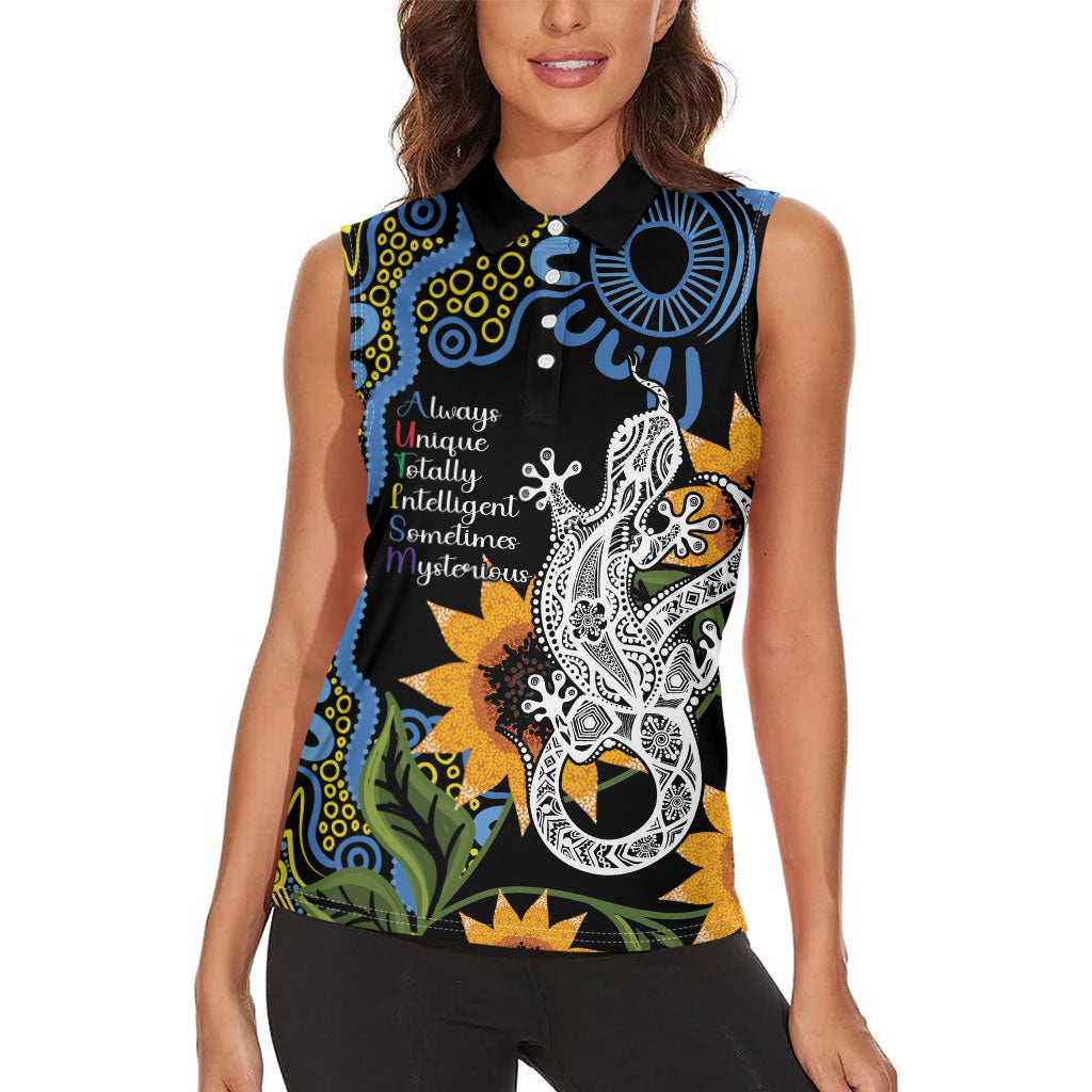 Australia Autism Support Women Sleeveless Polo Shirt Brave Strong Aussie Lizard Aboriginal Art
