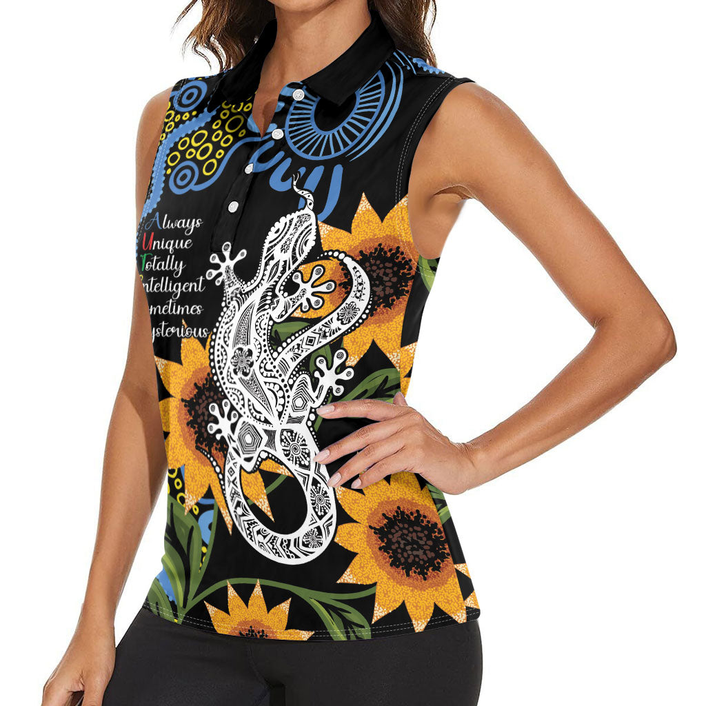 Australia Autism Support Women Sleeveless Polo Shirt Brave Strong Aussie Lizard Aboriginal Art