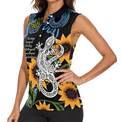 Australia Autism Support Women Sleeveless Polo Shirt Brave Strong Aussie Lizard Aboriginal Art