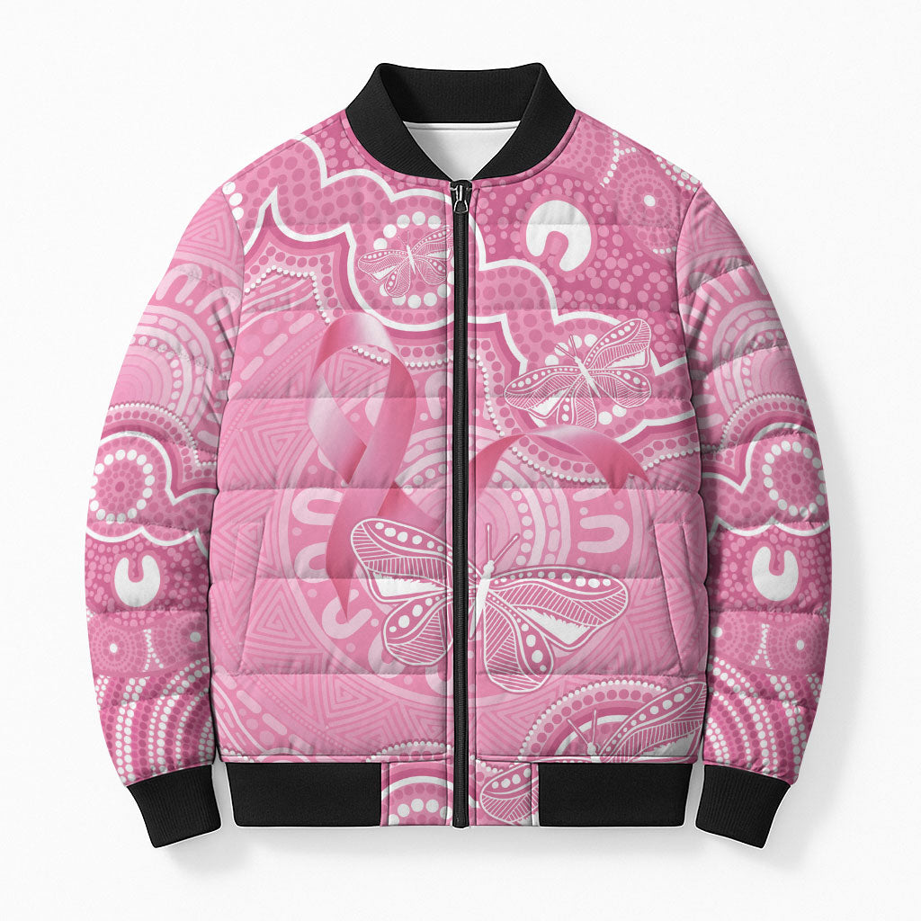 Australia Indigenous Bomber Puffer Jacket Pink Ribbon Breast Cancer Butterfly Aboriginal