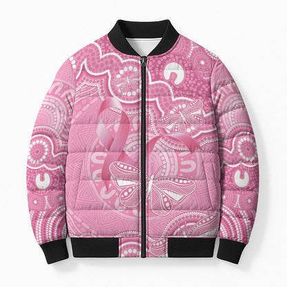 Australia Indigenous Bomber Puffer Jacket Pink Ribbon Breast Cancer Butterfly Aboriginal