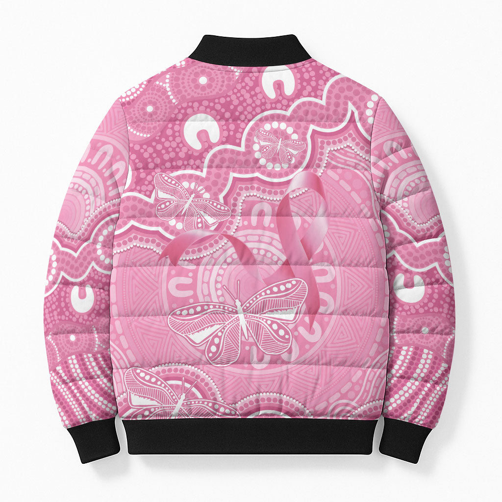 Australia Indigenous Bomber Puffer Jacket Pink Ribbon Breast Cancer Butterfly Aboriginal