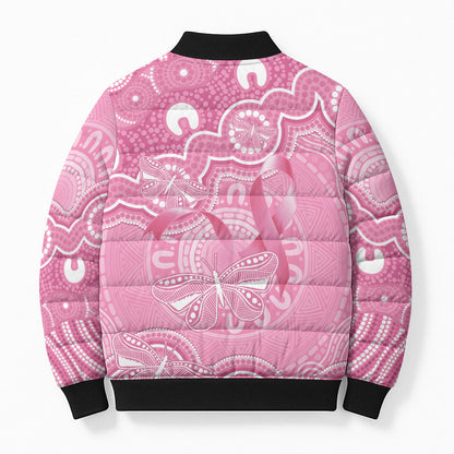 Australia Indigenous Bomber Puffer Jacket Pink Ribbon Breast Cancer Butterfly Aboriginal
