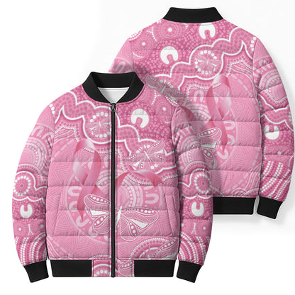 Australia Indigenous Bomber Puffer Jacket Pink Ribbon Breast Cancer Butterfly Aboriginal