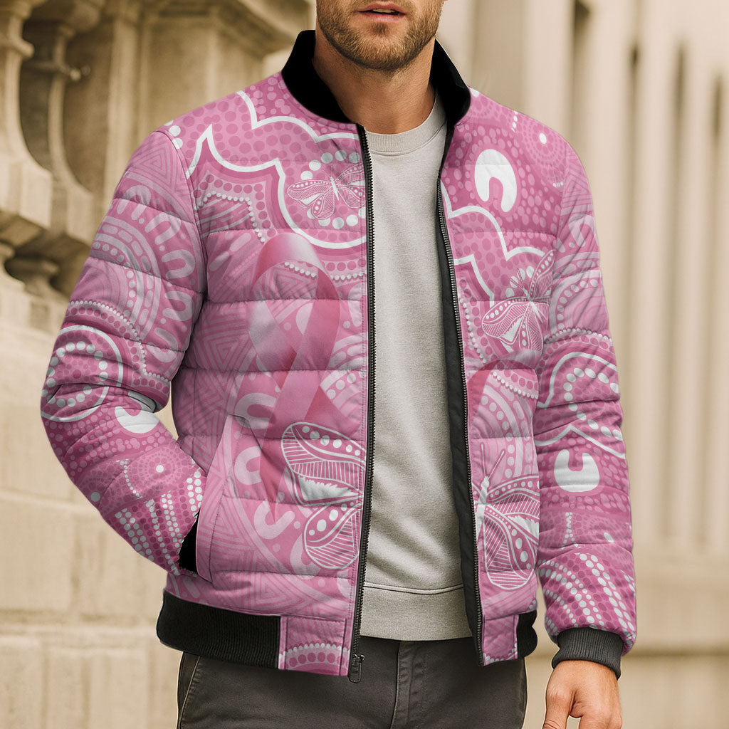 Australia Indigenous Bomber Puffer Jacket Pink Ribbon Breast Cancer Butterfly Aboriginal