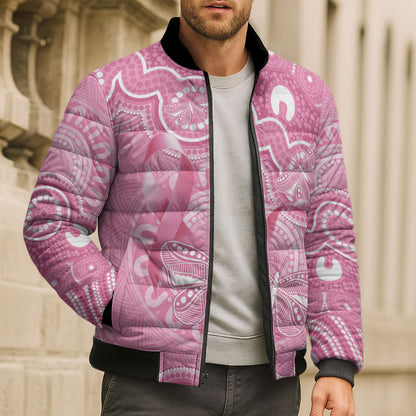 Australia Indigenous Bomber Puffer Jacket Pink Ribbon Breast Cancer Butterfly Aboriginal