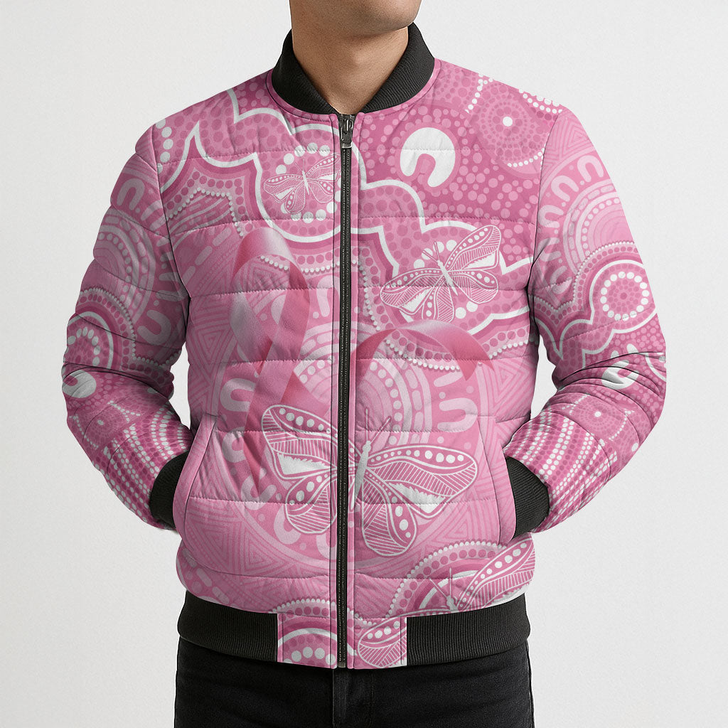 Australia Indigenous Bomber Puffer Jacket Pink Ribbon Breast Cancer Butterfly Aboriginal