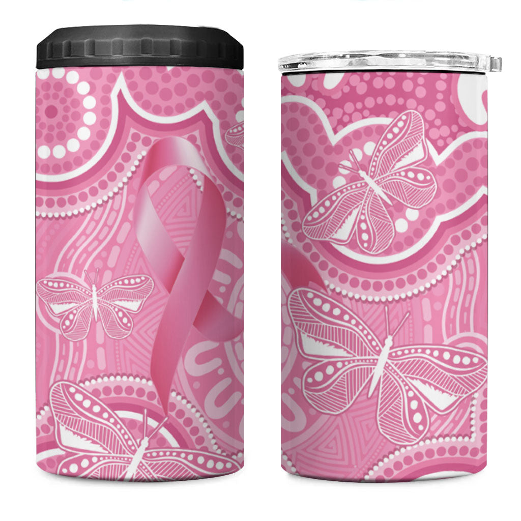 Australia Indigenous 4 in 1 Can Cooler Tumbler Pink Ribbon Breast Cancer Butterfly Aboriginal