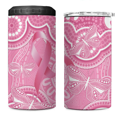 Australia Indigenous 4 in 1 Can Cooler Tumbler Pink Ribbon Breast Cancer Butterfly Aboriginal