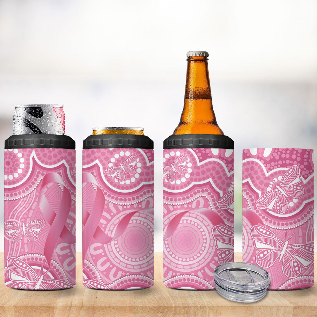 Australia Indigenous 4 in 1 Can Cooler Tumbler Pink Ribbon Breast Cancer Butterfly Aboriginal