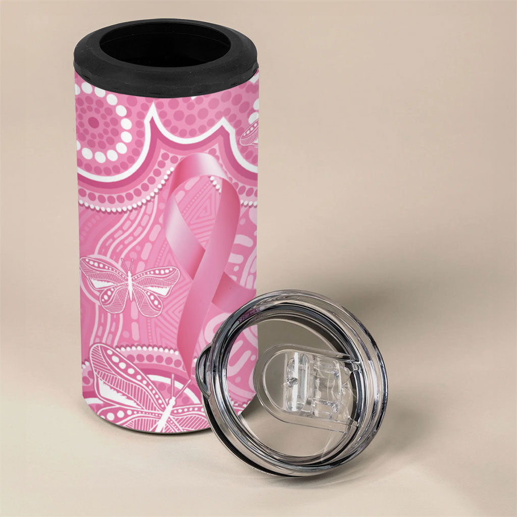 Australia Indigenous 4 in 1 Can Cooler Tumbler Pink Ribbon Breast Cancer Butterfly Aboriginal