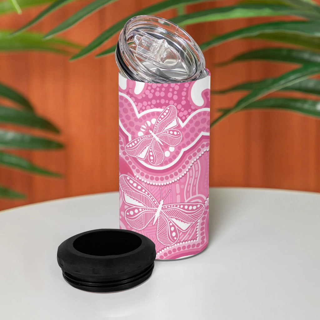 Australia Indigenous 4 in 1 Can Cooler Tumbler Pink Ribbon Breast Cancer Butterfly Aboriginal