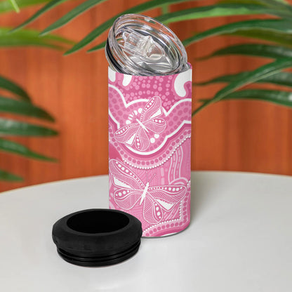 Australia Indigenous 4 in 1 Can Cooler Tumbler Pink Ribbon Breast Cancer Butterfly Aboriginal