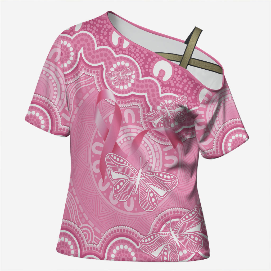 Australia Indigenous Cross Shoulder Shirt Pink Ribbon Breast Cancer Butterfly Aboriginal