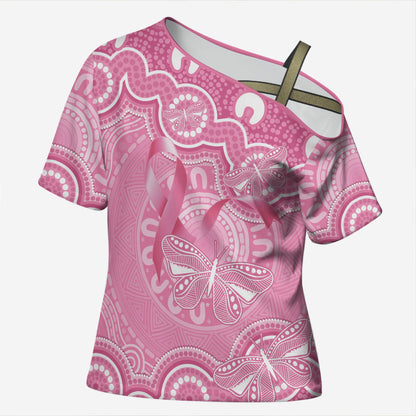 Australia Indigenous Cross Shoulder Shirt Pink Ribbon Breast Cancer Butterfly Aboriginal