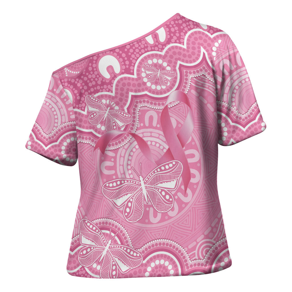 Australia Indigenous Cross Shoulder Shirt Pink Ribbon Breast Cancer Butterfly Aboriginal