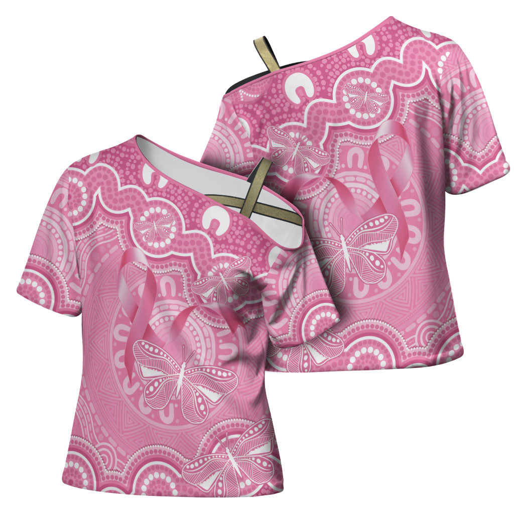 Australia Indigenous Cross Shoulder Shirt Pink Ribbon Breast Cancer Butterfly Aboriginal