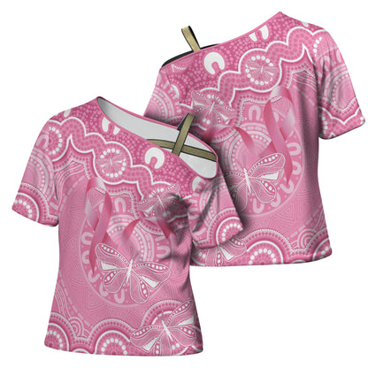 Australia Indigenous Cross Shoulder Shirt Pink Ribbon Breast Cancer Butterfly Aboriginal