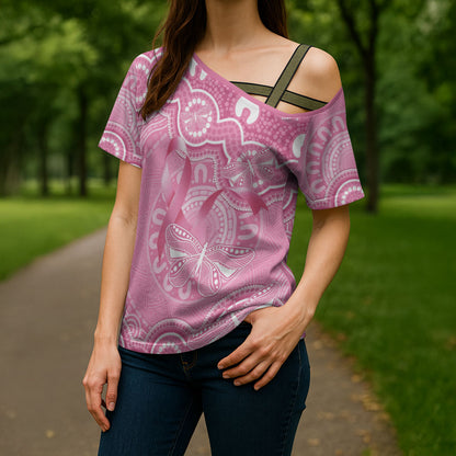 Australia Indigenous Cross Shoulder Shirt Pink Ribbon Breast Cancer Butterfly Aboriginal