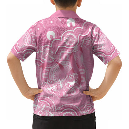 Australia Indigenous Kid Hawaiian Shirt Pink Ribbon Breast Cancer Butterfly Aboriginal