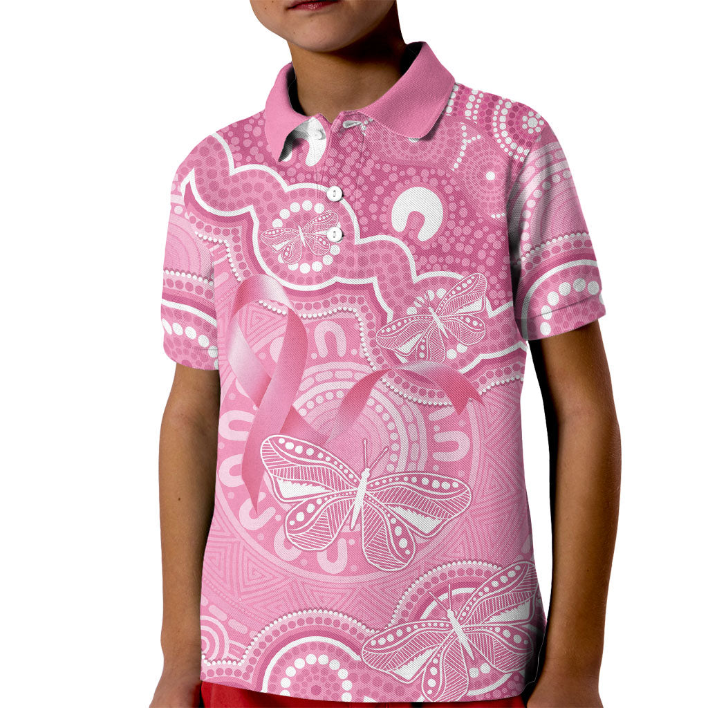 Australia Indigenous Kid Polo Shirt Pink Ribbon Breast Cancer Butterfly Aboriginal
