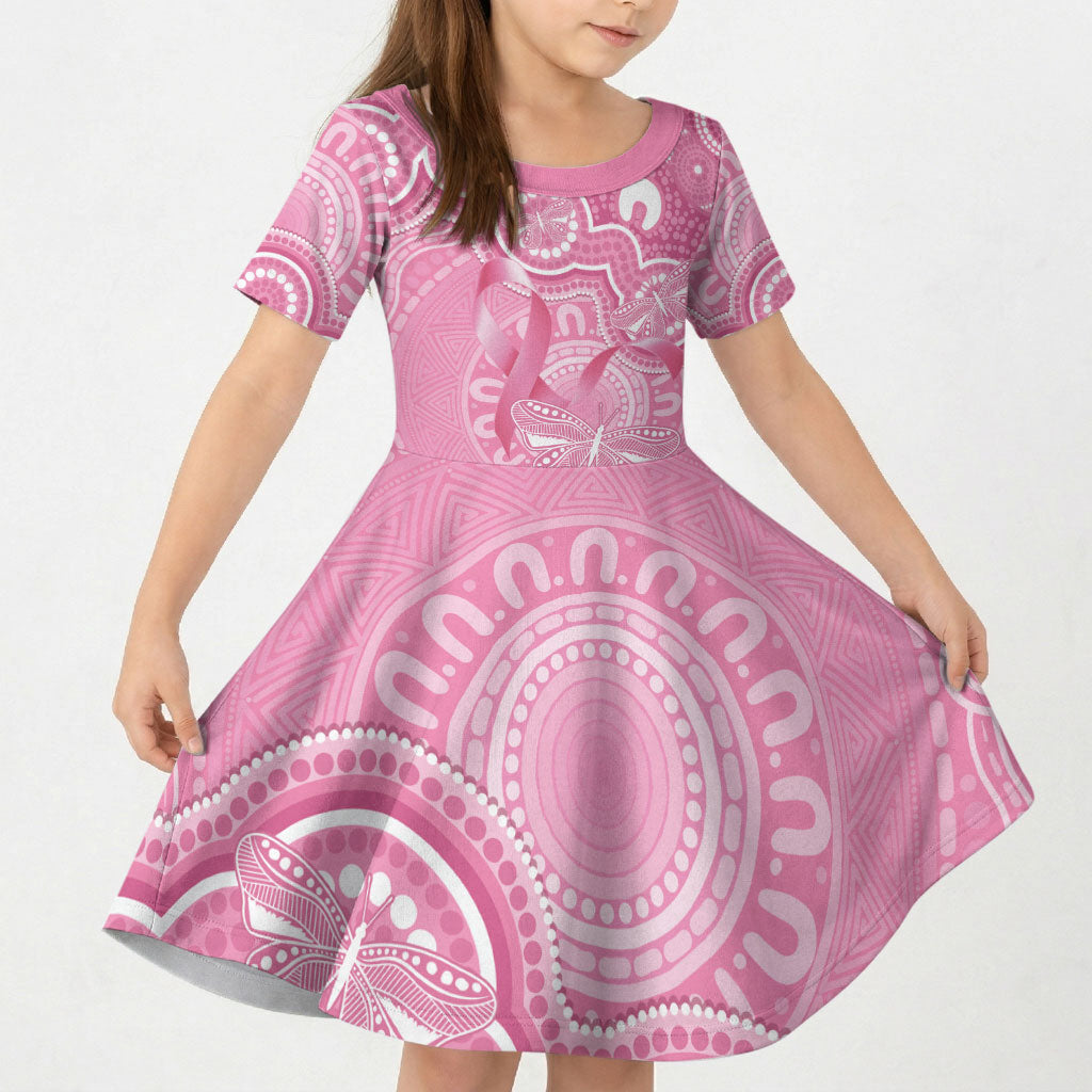 Australia Indigenous Kid Short Sleeve Dress Pink Ribbon Breast Cancer Butterfly Aboriginal