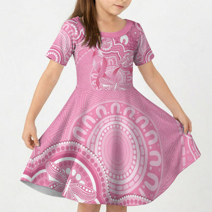 Australia Indigenous Kid Short Sleeve Dress Pink Ribbon Breast Cancer Butterfly Aboriginal