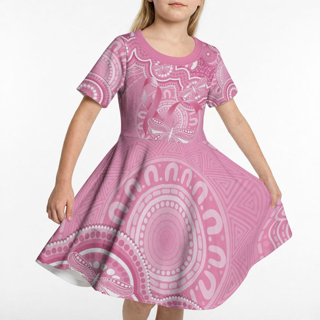Australia Indigenous Kid Short Sleeve Dress Pink Ribbon Breast Cancer Butterfly Aboriginal