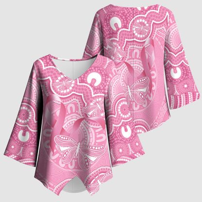 Australia Indigenous Kimono Sleeve Blouse Pink Ribbon Breast Cancer Butterfly Aboriginal