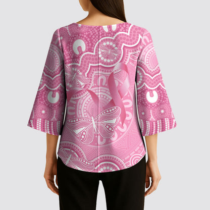 Australia Indigenous Kimono Sleeve Blouse Pink Ribbon Breast Cancer Butterfly Aboriginal