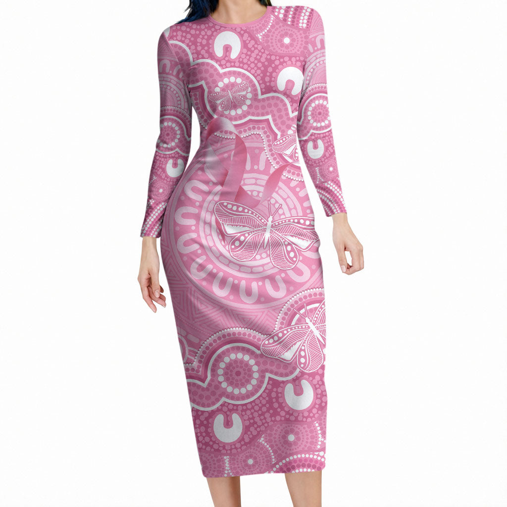 Australia Indigenous Long Sleeve Bodycon Dress Pink Ribbon Breast Cancer Butterfly Aboriginal