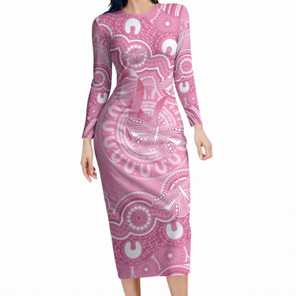Australia Indigenous Long Sleeve Bodycon Dress Pink Ribbon Breast Cancer Butterfly Aboriginal