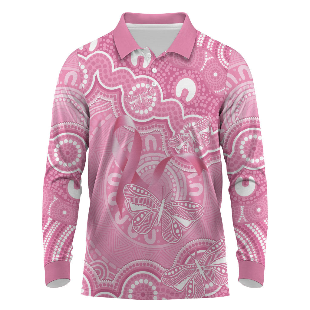 Australia Indigenous Long Sleeve Polo Shirt Pink Ribbon Breast Cancer Butterfly Aboriginal