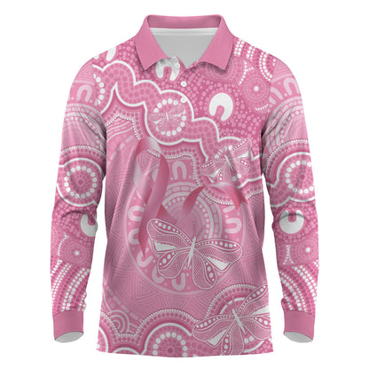 Australia Indigenous Long Sleeve Polo Shirt Pink Ribbon Breast Cancer Butterfly Aboriginal
