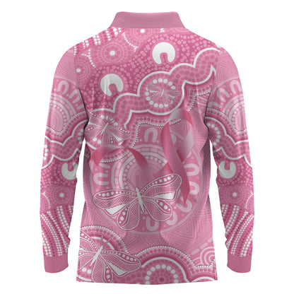Australia Indigenous Long Sleeve Polo Shirt Pink Ribbon Breast Cancer Butterfly Aboriginal
