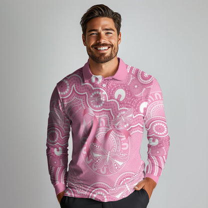 Australia Indigenous Long Sleeve Polo Shirt Pink Ribbon Breast Cancer Butterfly Aboriginal