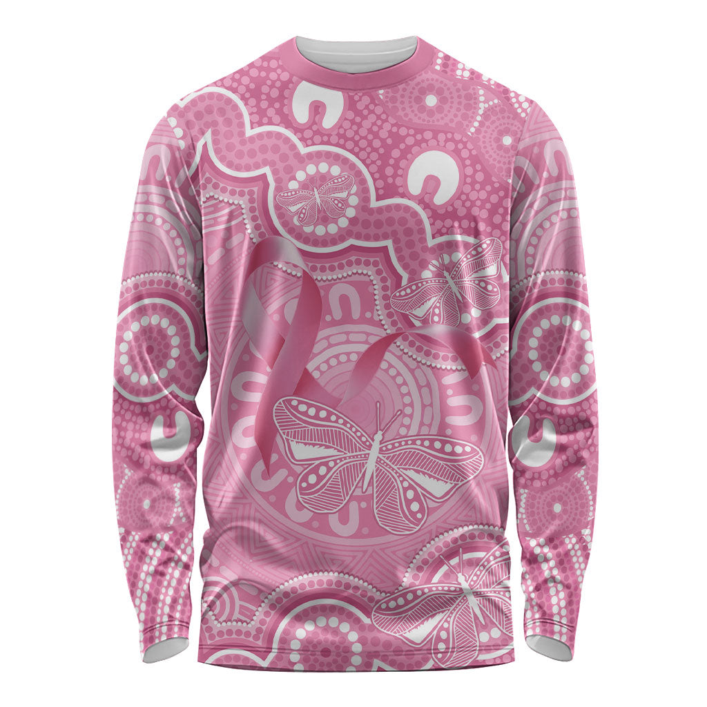 Australia Indigenous Long Sleeve Shirt Pink Ribbon Breast Cancer Butterfly Aboriginal