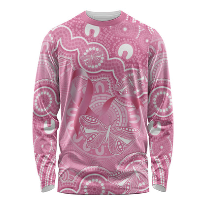 Australia Indigenous Long Sleeve Shirt Pink Ribbon Breast Cancer Butterfly Aboriginal