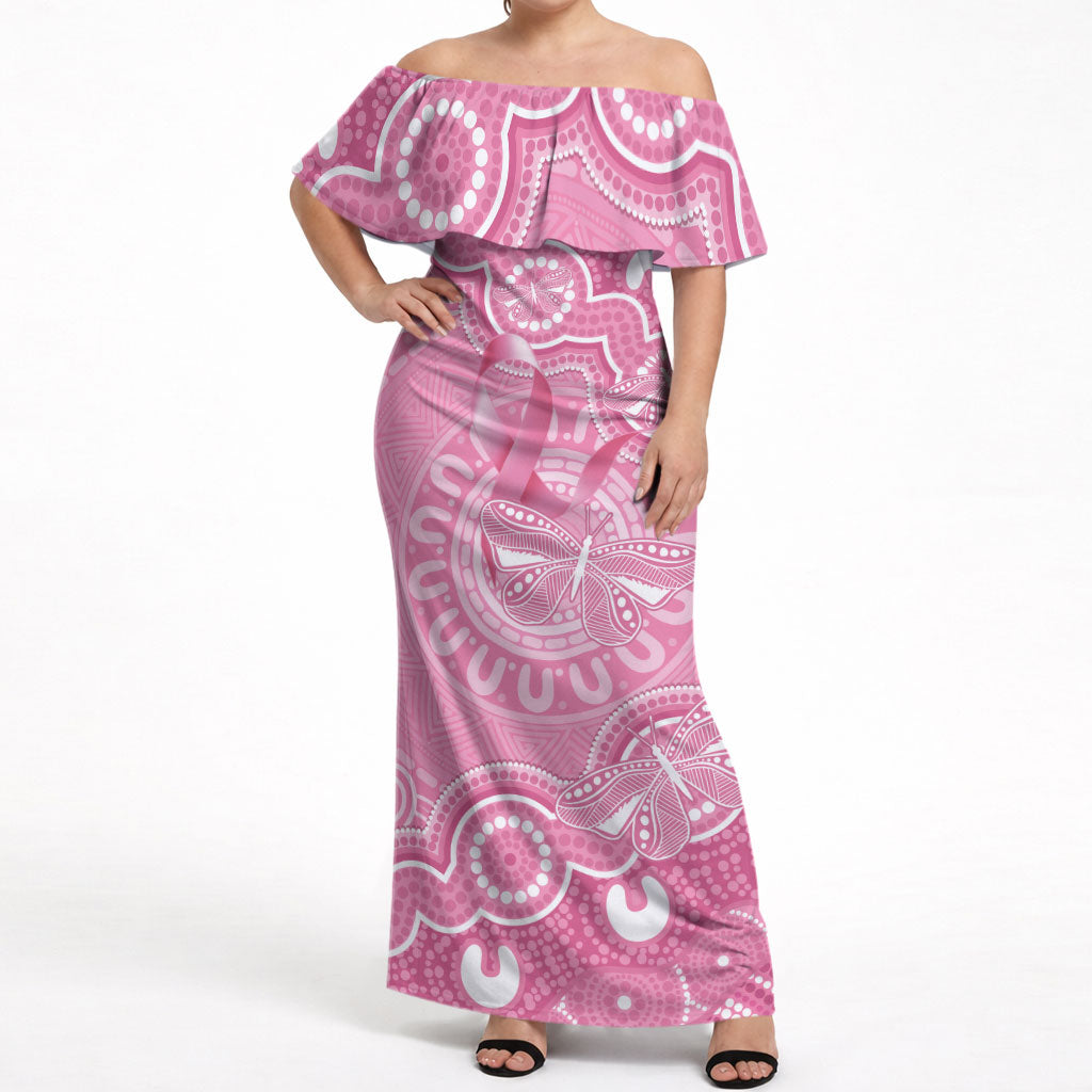 Australia Indigenous Off Shoulder Maxi Dress Pink Ribbon Breast Cancer Butterfly Aboriginal