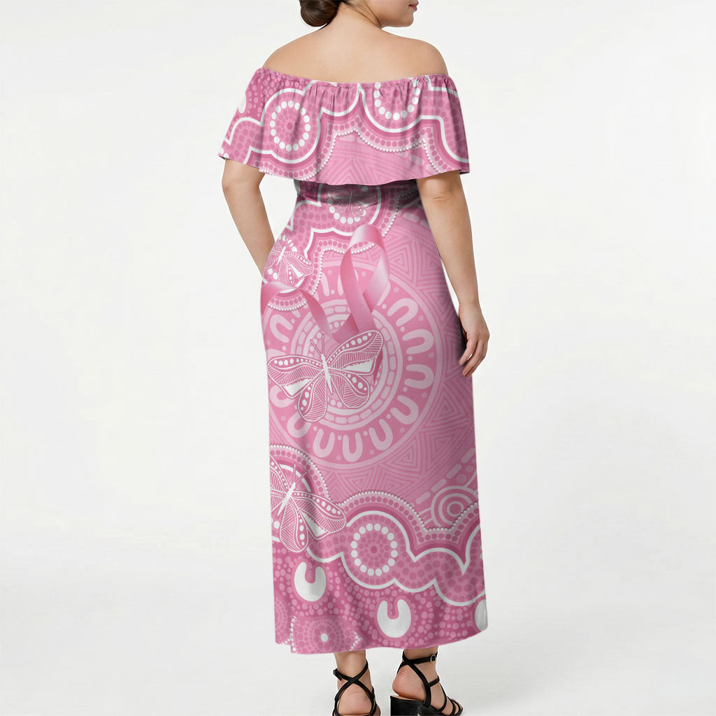 Australia Indigenous Off Shoulder Maxi Dress Pink Ribbon Breast Cancer Butterfly Aboriginal