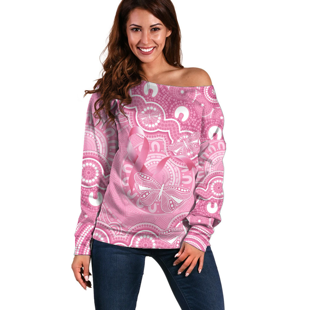 Australia Indigenous Off Shoulder Sweater Pink Ribbon Breast Cancer Butterfly Aboriginal
