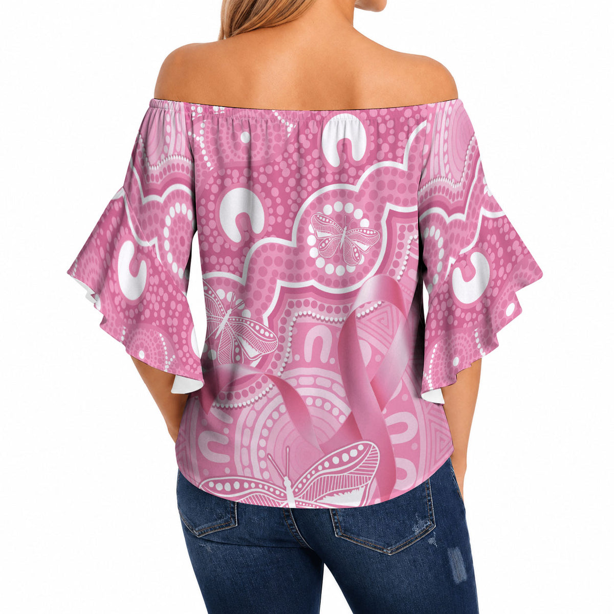 Australia Indigenous Off Shoulder Wrap Waist Top Pink Ribbon Breast Cancer Butterfly Aboriginal