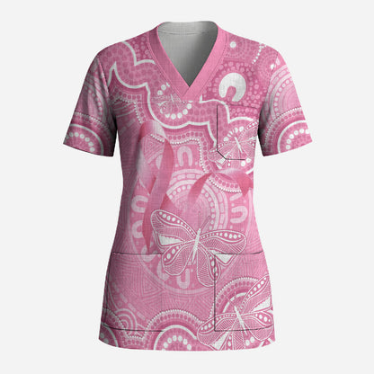 Australia Indigenous Scrub Top Pink Ribbon Breast Cancer Butterfly Aboriginal