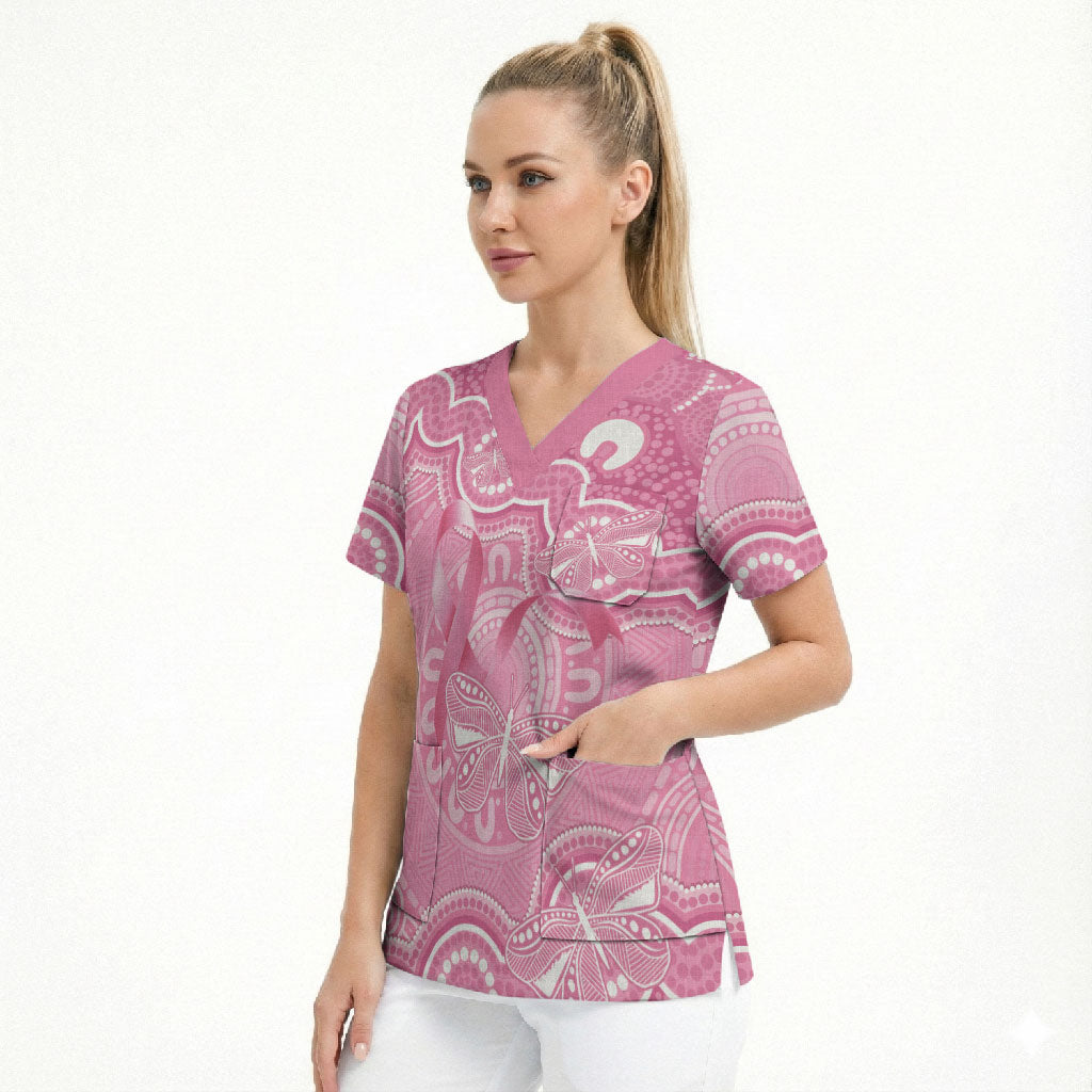 Australia Indigenous Scrub Top Pink Ribbon Breast Cancer Butterfly Aboriginal