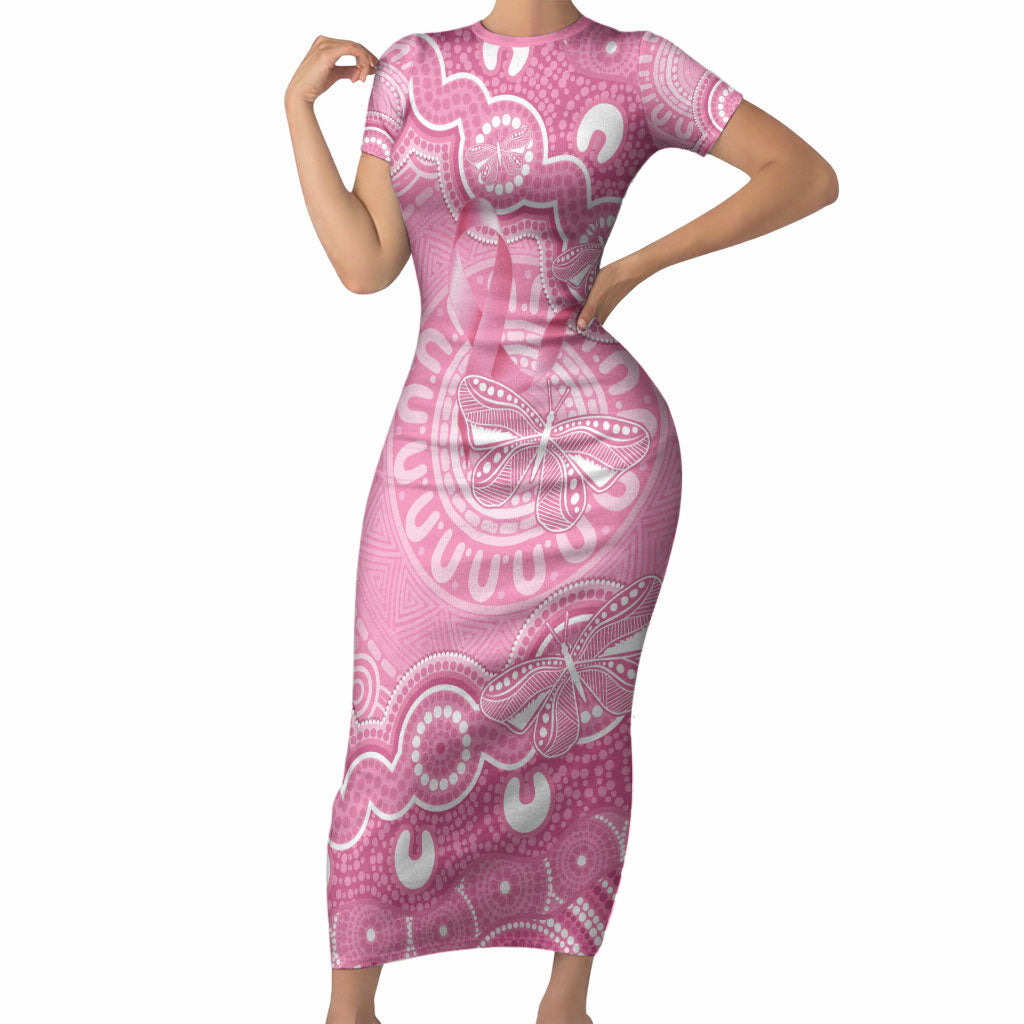 Australia Indigenous Short Sleeve Bodycon Dress Pink Ribbon Breast Cancer Butterfly Aboriginal