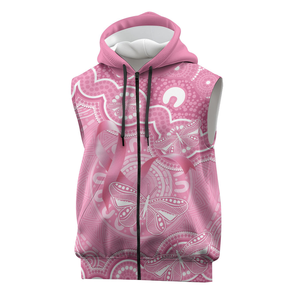 Australia Indigenous Sleeveless Zip Hoodie Pink Ribbon Breast Cancer Butterfly Aboriginal
