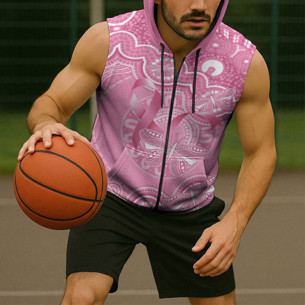 Australia Indigenous Sleeveless Zip Hoodie Pink Ribbon Breast Cancer Butterfly Aboriginal