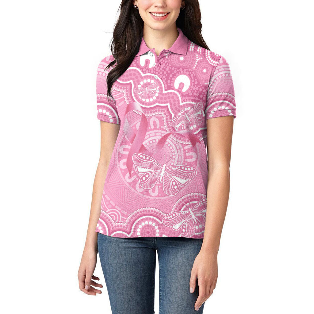 Australia Indigenous Women Polo Shirt Pink Ribbon Breast Cancer Butterfly Aboriginal