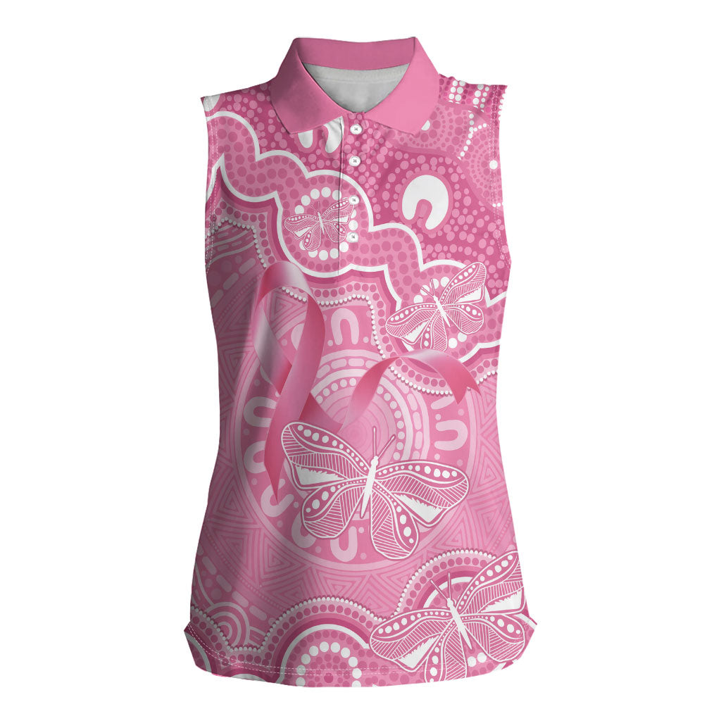 Australia Indigenous Women Sleeveless Polo Shirt Pink Ribbon Breast Cancer Butterfly Aboriginal